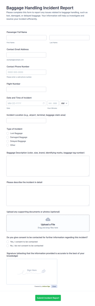 Baggage Handling Incident Report Form Template