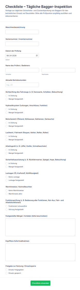 Bagger Tages Checkliste