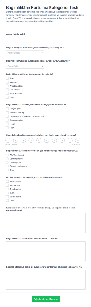 Bağımlılık İyileşme Testi Form Şablonu
