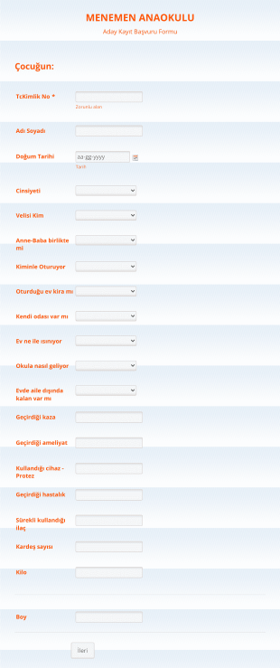 Bağımsız Anaokulu Aday Kayıt Form Şablonu