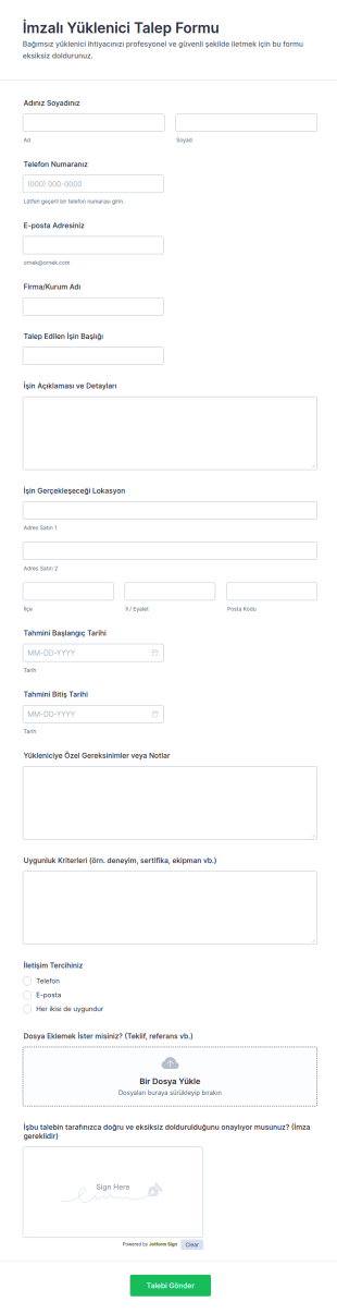 Bağımsız Yüklenici Talep Form Şablonu
