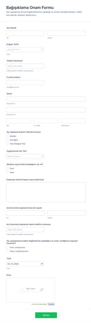 Bağışıklama Onam Form Şablonu