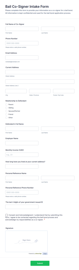 Bail Co Signer Intake Form Template