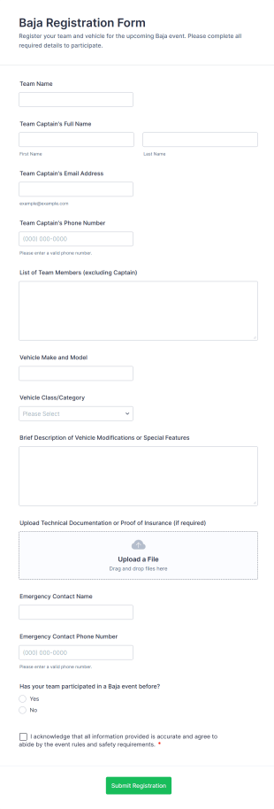 Baja Registration Form Template