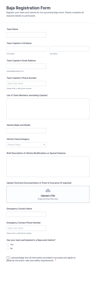 Baja Registration Form Template