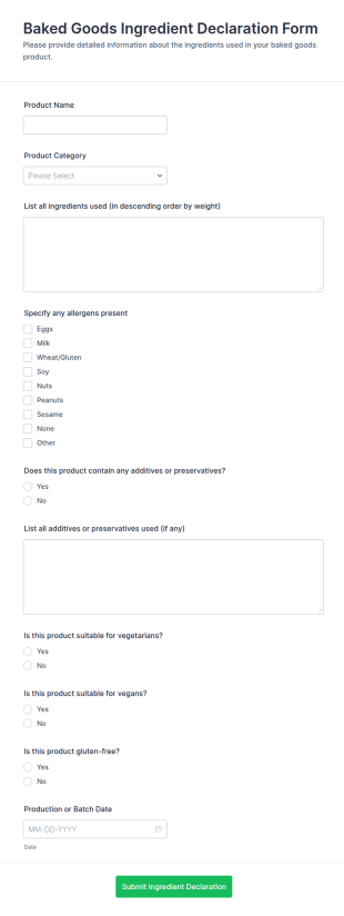 Baked Goods Ingredient Declaration Form Template