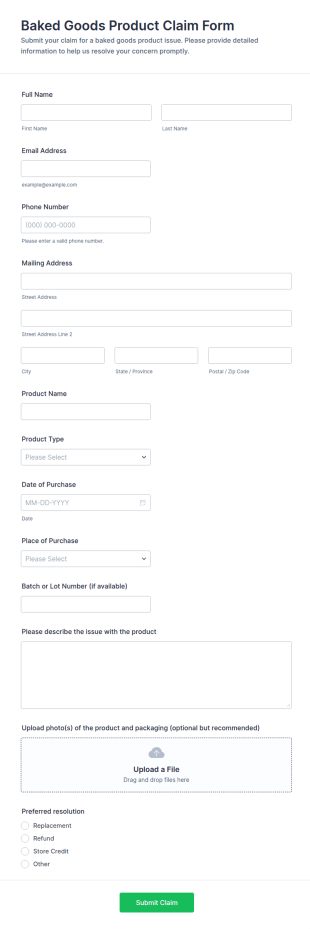 Baked Goods Product Claim Form Template