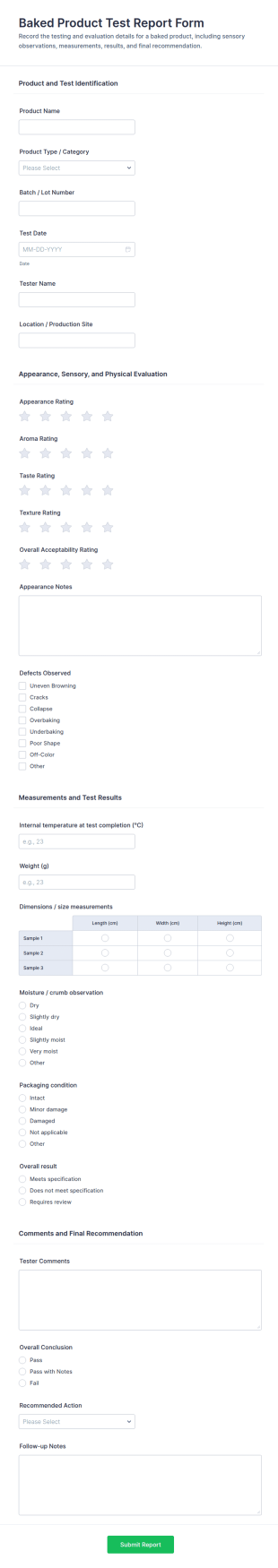 Baked Product Test Report Form Template