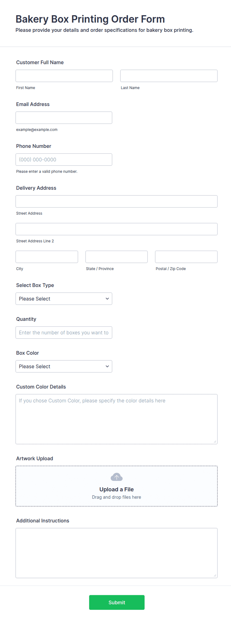 Bakery Box Printing Order Form Template | Jotform