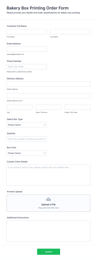 Bakery Box Printing Order Form Template