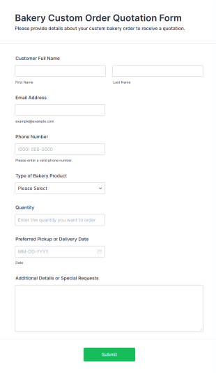 Bakery Custom Order Quotation Form Template