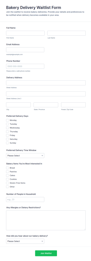 Bakery Delivery Waitlist Form Template