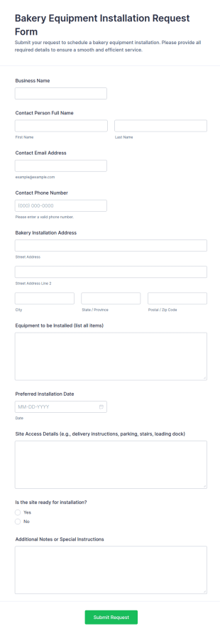 Bakery Equipment Installation Request Form Template