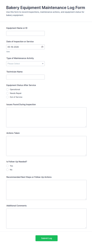 Bakery Equipment Maintenance Log Form Template