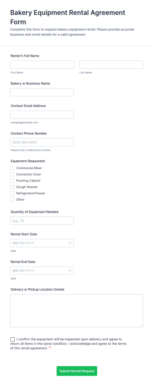 Bakery Equipment Rental Agreement Form Template