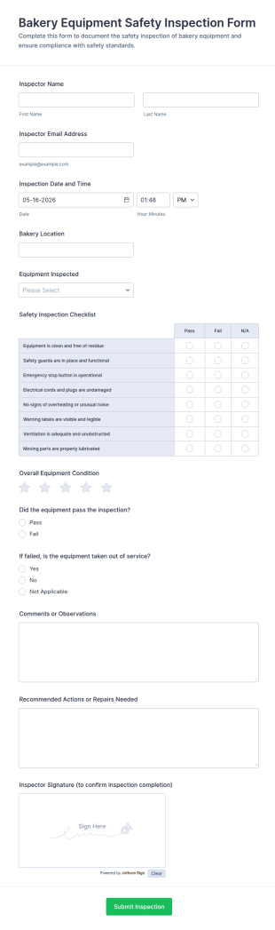 Bakery Equipment Safety Inspection Form Template