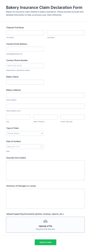 Bakery Insurance Claim Declaration Form Template