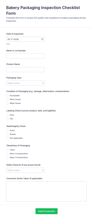 Bakery Packaging Inspection Checklist Form Template