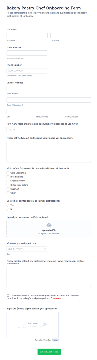 Bakery Pastry Chef Onboarding Form Template