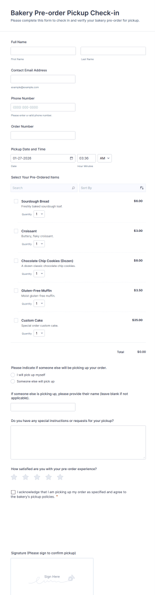 Bakery Pre Order Pickup Check In Form Template