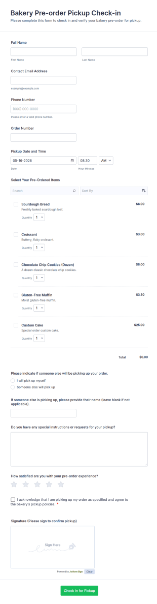 Bakery Pre Order Pickup Check In Form Template