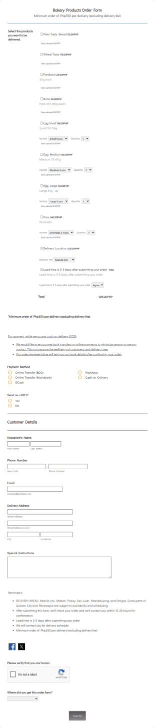 Bakery Product Order Form Template