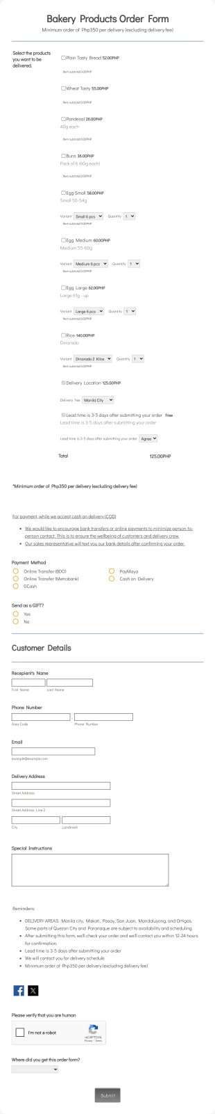 Bakery Product Order Form Template
