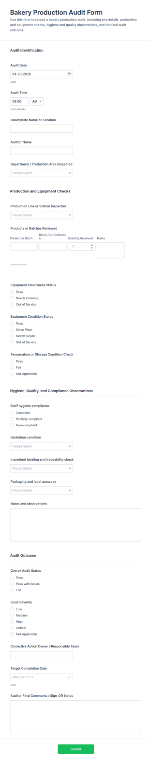 Bakery Production Audit Form Template