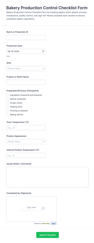 Bakery Production Control Checklist Form Template