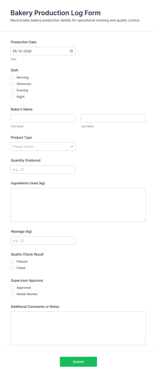 Bakery Production Log Form Template