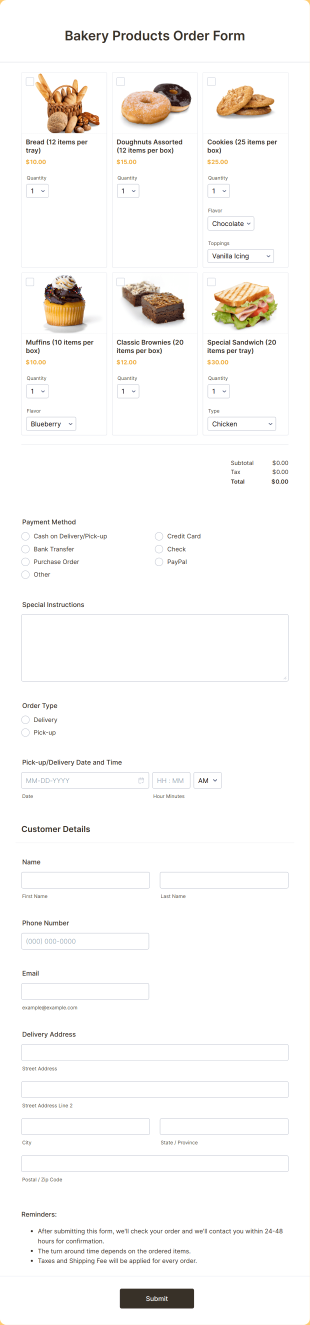 Bakery Products Order Form Template