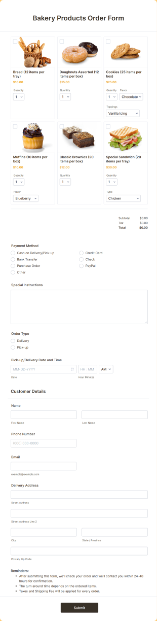 Bakery Products Order Form Template