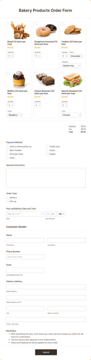 Bakery Products Order Form Template