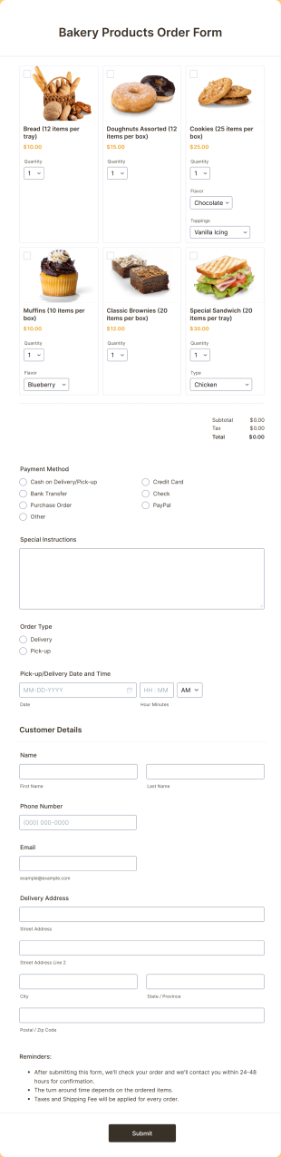 Bakery Products Order Form Template