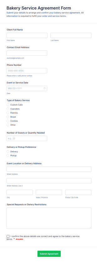 Bakery Service Agreement Form Template
