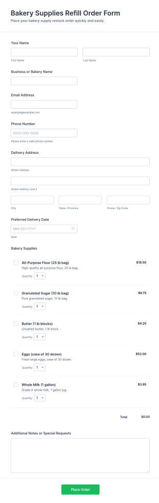 Bakery Supplies Refill Order Form Template