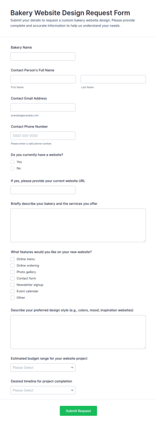 Bakery Website Design Request Form Template