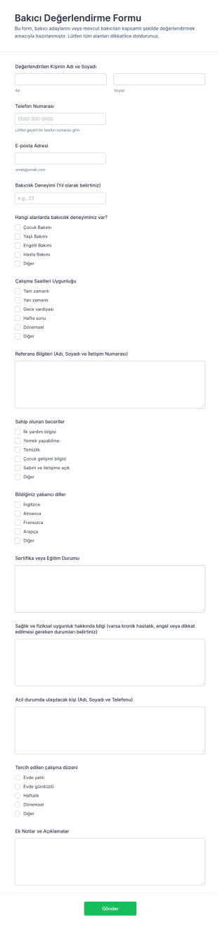 Bakıcı Değerlendirme Anketi Form Şablonu