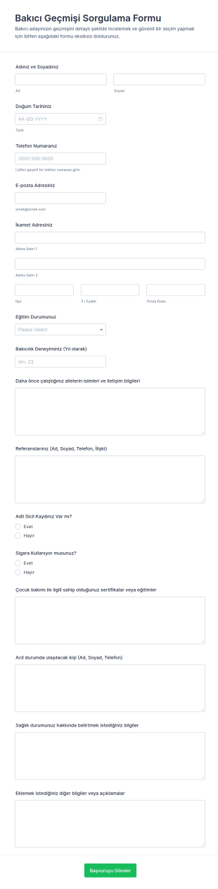 Bakıcı Geçmişi Sorgulama Form Şablonu