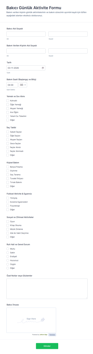 Bakıcı Günlük Aktivite Form Şablonu