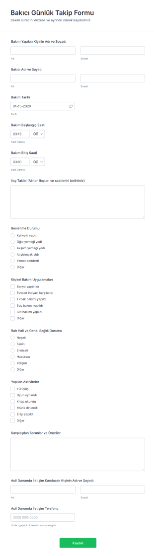 Bakıcı Günlük Takip Form Template