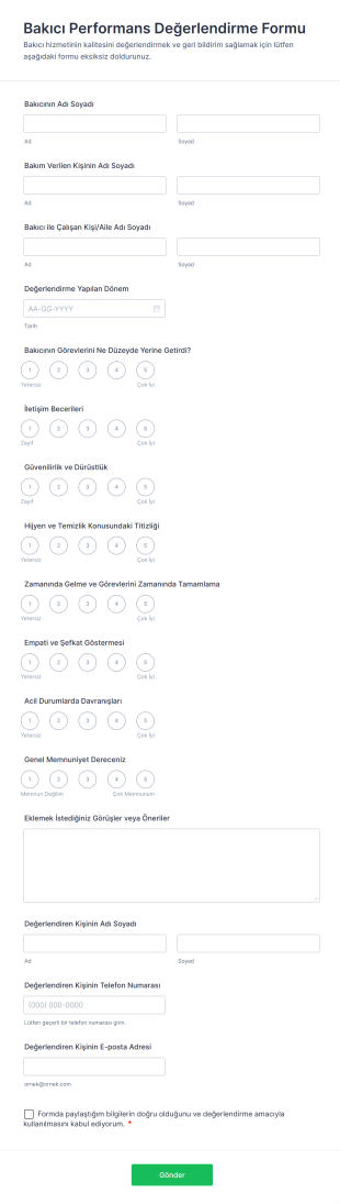 Bakıcı Performans Değerlendirme Form Template