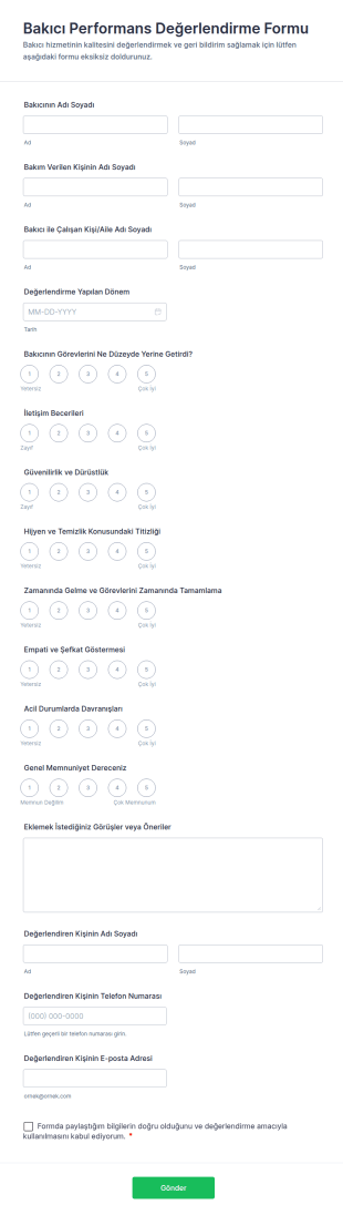 Bakıcı Performans Değerlendirme Form Şablonu