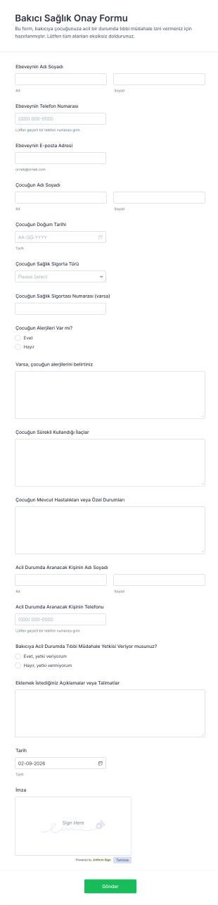 Bakıcı Sağlık Onay Form Şablonu