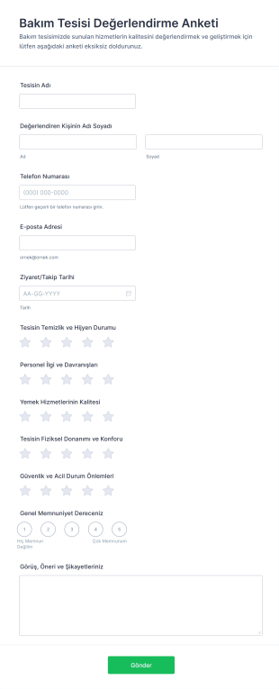 Bakım Tesisi Değerlendirme Anketi Form Şablonu