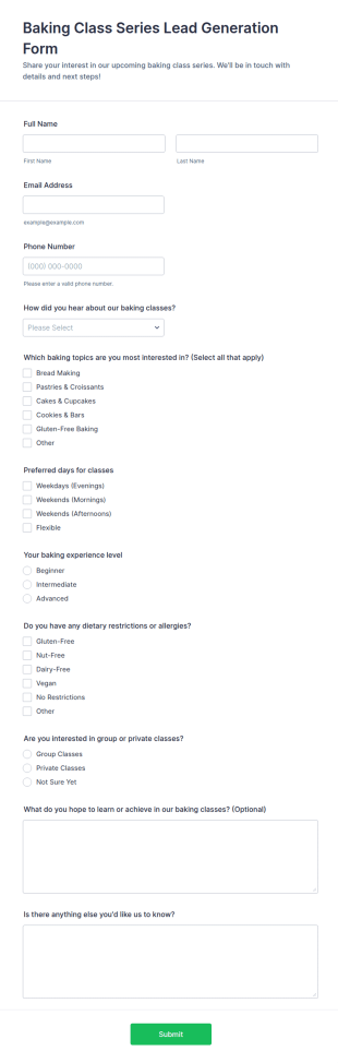 Baking Class Series Lead Generation Form Template