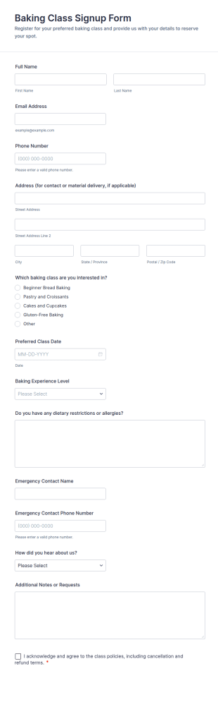 Baking Class Signup Form Template