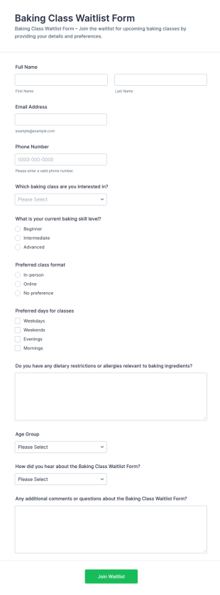 Baking Class Waitlist Form Template