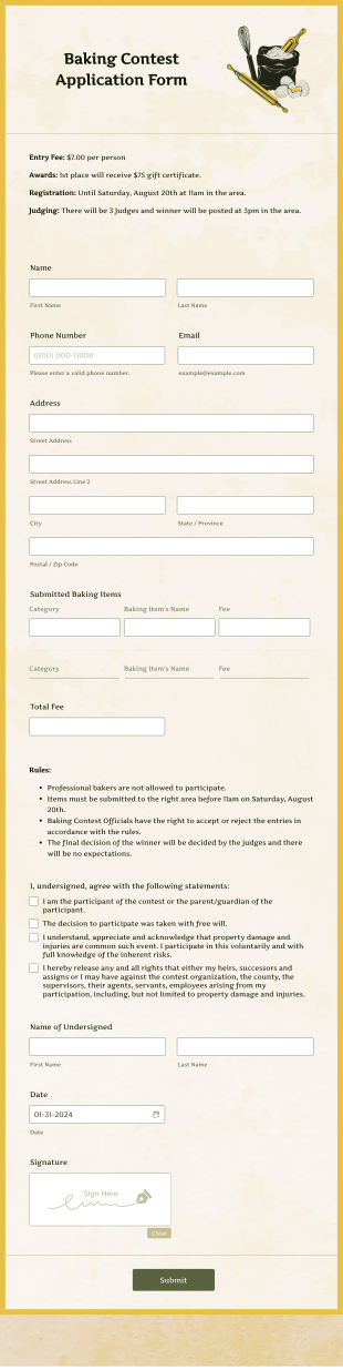 Baking Contest Application Form Template