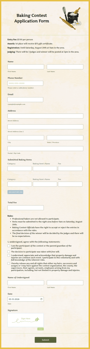 Baking Contest Application Form Template